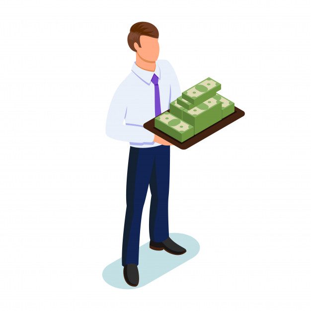 animated businessman holding a pile of money
